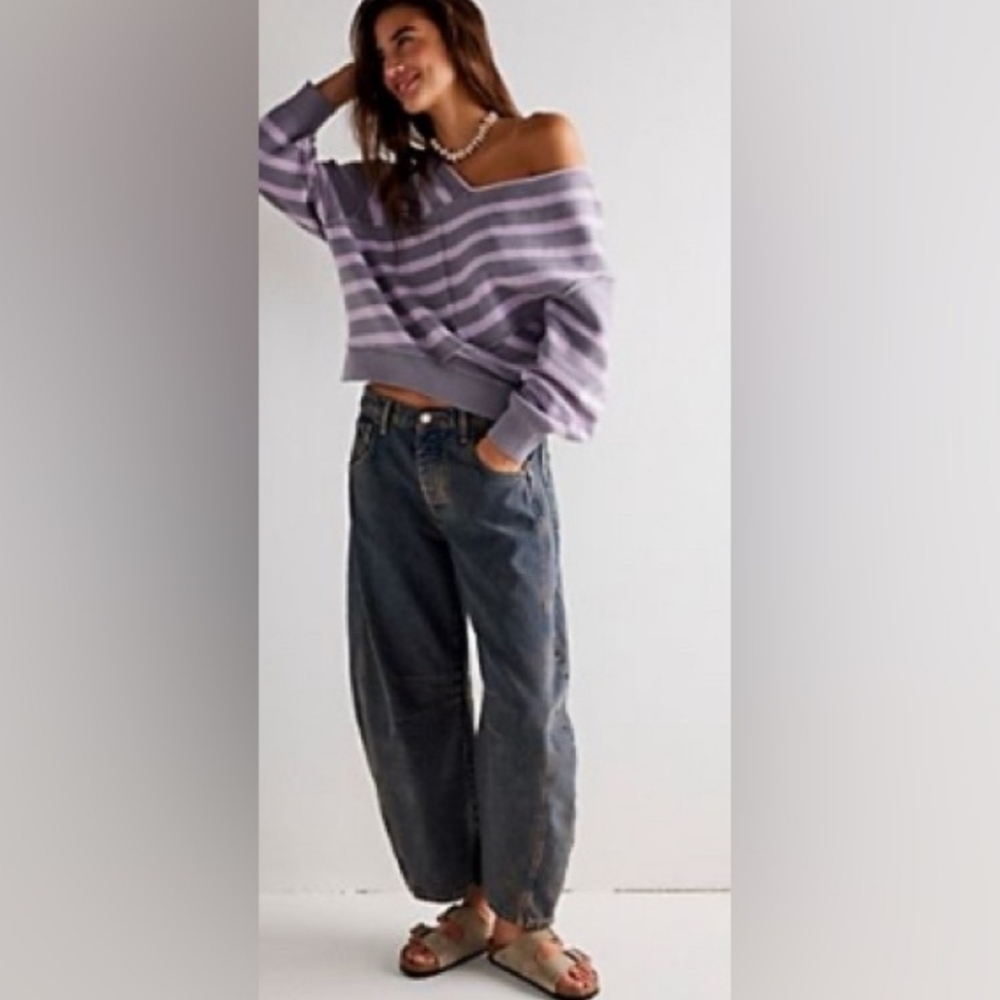 Free People Good Luck Barrel Jeans Mid Rise Distressed Relaxed Ian Indigo 28 NWT